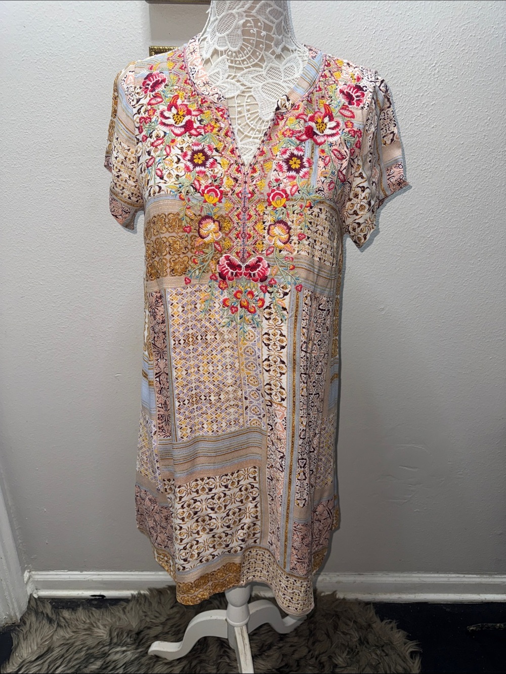 Savanna Jane Embroidered Patchwork V-Neck Midi Dress - Cream, Pink, Yellow